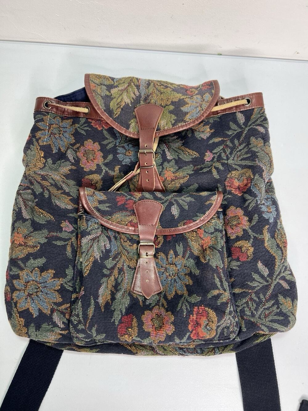 Vintage GAP Floral Tapestry Drawstring Backpack Y2K Boho Cottage Leather Trim - Picture 1 of 10